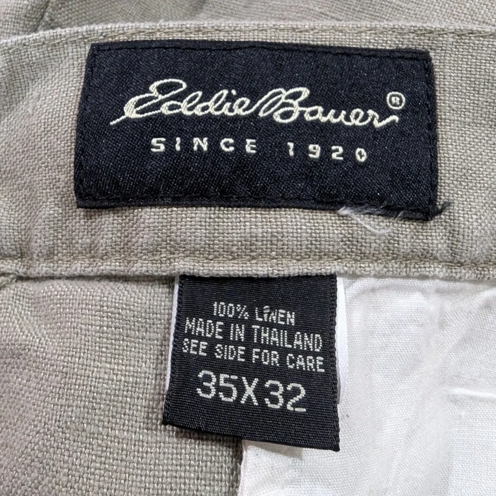 Eddie Bauer‎ Mens 35x32 Pleated Linen Pants Khaki Tan Cuffed Straight Trousers